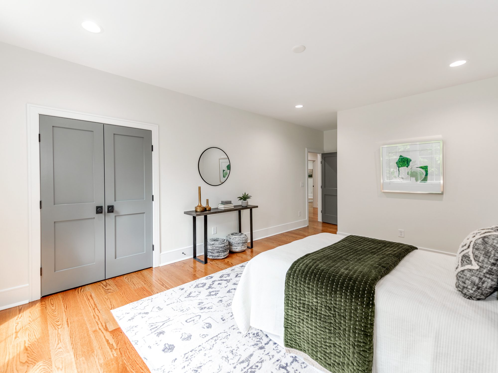 Guest bedroom alternate angle with bench at footboard — Brantham by Stillman Properties Charlotte NC