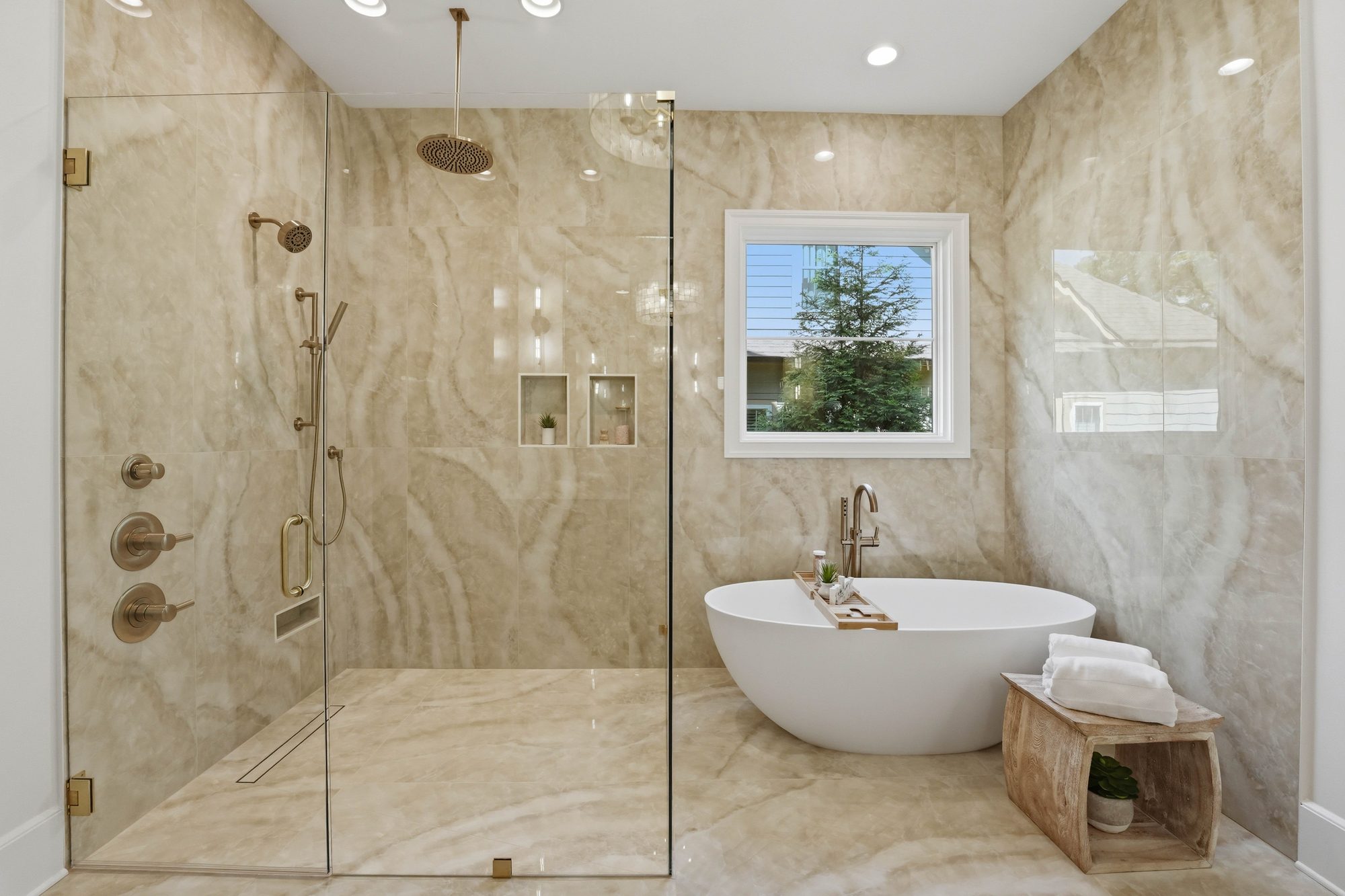 Wet room with freestanding soaking tub and walk-in shower — Creola primary bath in Charlotte NC by Stillman Properties